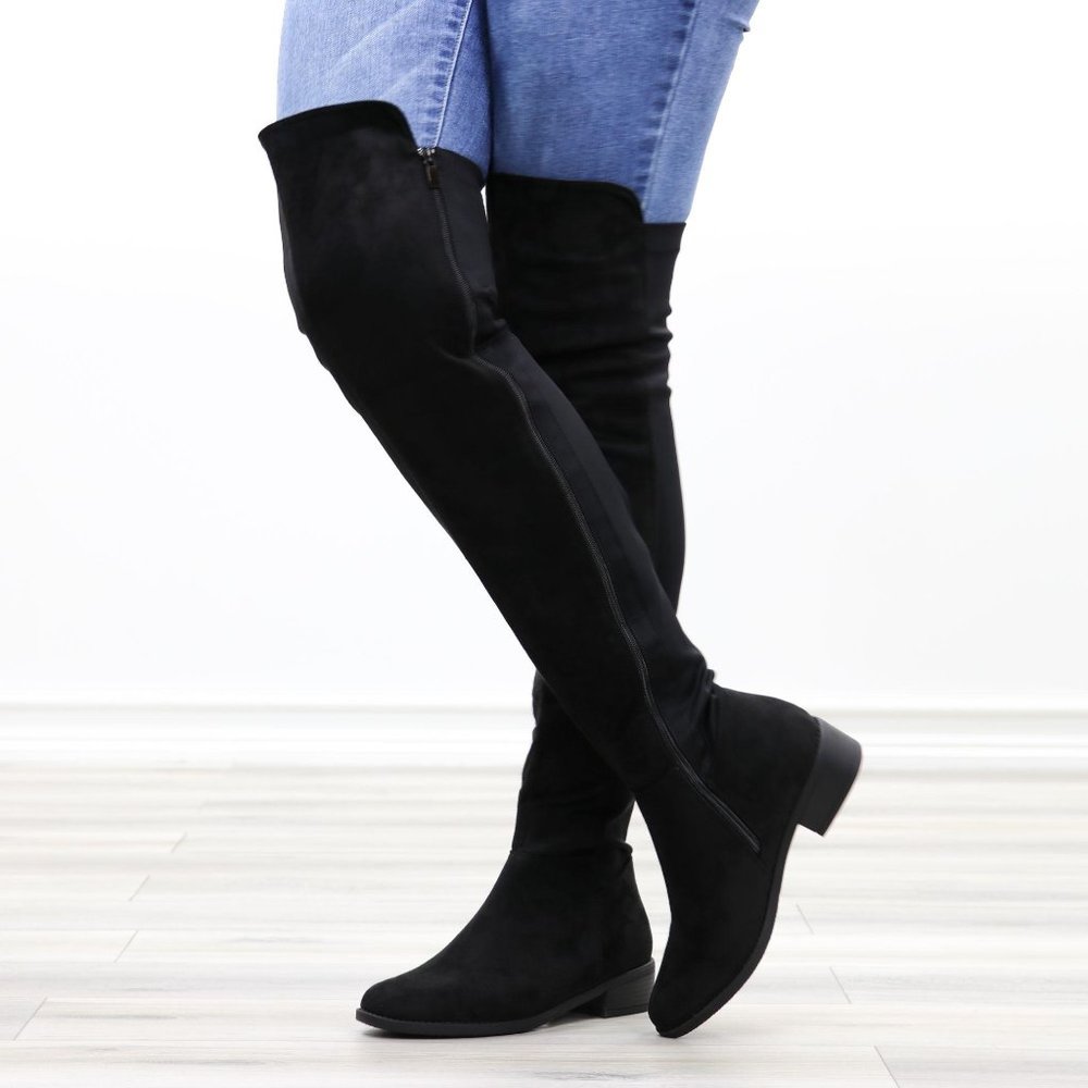 Thigh High Suede & Stretchy Material Low Heel Boot - Picture 10 of 14